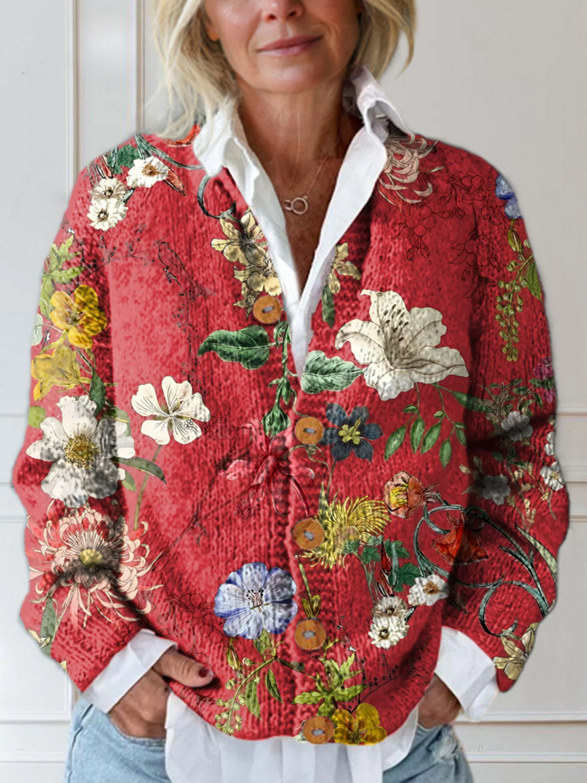 Vintage Floral Art Print Buttoned Cardigan Sweater