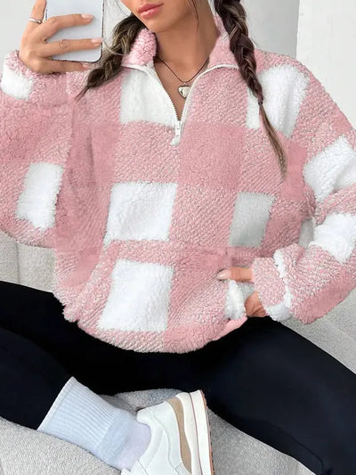 MALDA™ - Chic Plaid Print Half Zip Long Sleeve Sweater